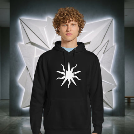 Mystical solar sun graphic pullover hoodie featuring wavy occult celestial designs.