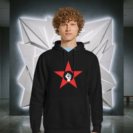 Red star and socialist fist graphic printed on a black pullover hoodie for protest apparel.