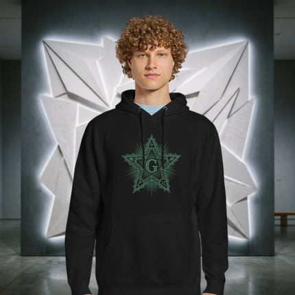 Masonic Blazing Star graphic with sacred geometry symbols printed on a pullover hoodie.