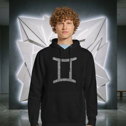 Gemini zodiac sign hoodie featuring a tribal astrology graphic print pullover fleece.