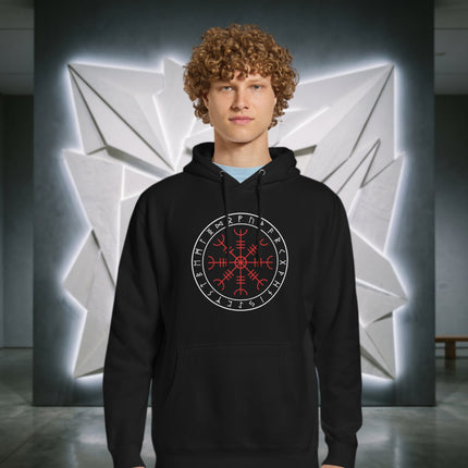 Norse Viking runes graphic pullover hoodie featuring Aegishjalmur helm art and mythology print.