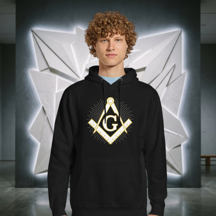 Masonic Square and Compass symbol printed on a fleece pullover hoodie.