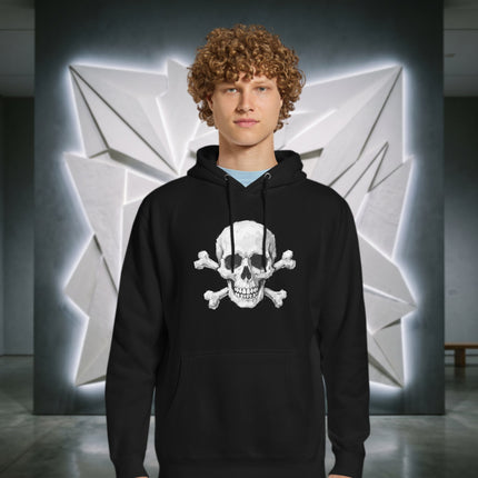 Gothic skull and crossbones design printed on a black pullover hoodie with skeletal art.
