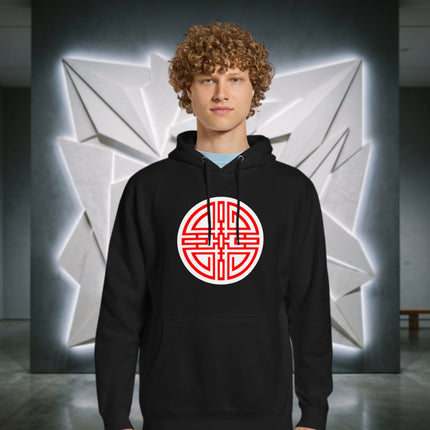 Red pullover hoodie featuring the Chinese Cai wealth symbol graphic print.