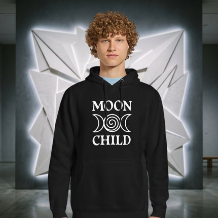 Celestial triple moon goddess symbol graphic printed on a witchy pullover hoodie.