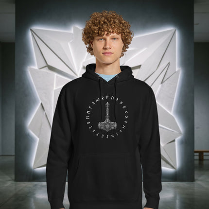 Thor Mjolnir rune design hoodie. Norse mythology viking fleece pullover featuring the powerful hammer.