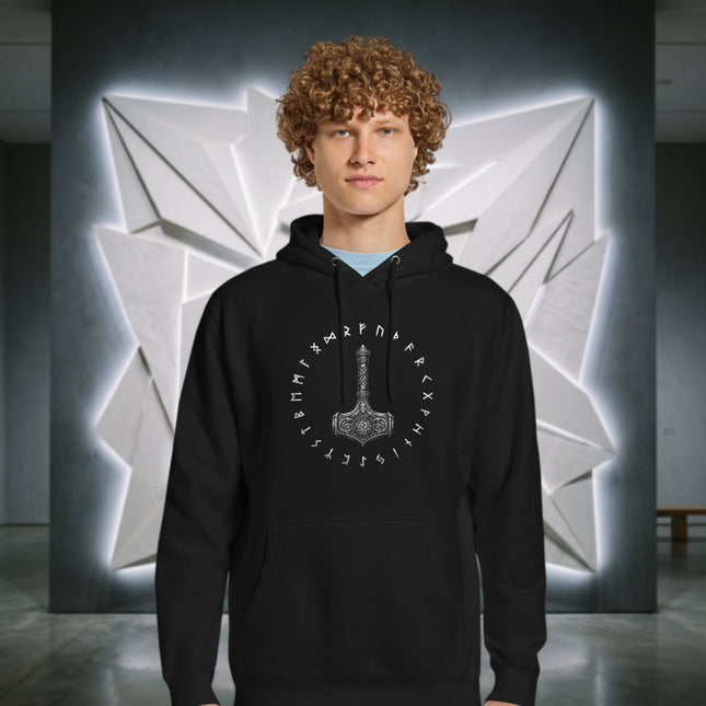 Mjolnir Thor's Hammer Runic Hoodie | Viking Norse Mythology Pullover Fleece