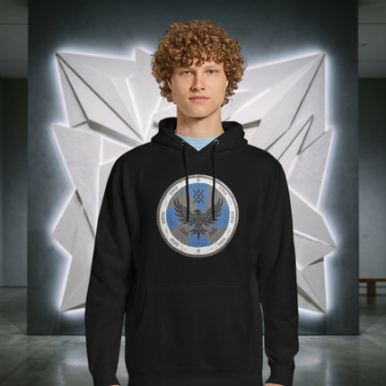 Norse mythology raven and shield design printed on a Viking warrior hoodie.