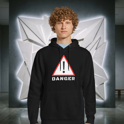DANGER warning sign graphic print on black pullover fleece hoodie.