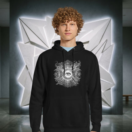 Triple Moon Eye spiritual awakening graphic print on a comfortable pullover hoodie.