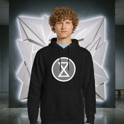 Black unisex hoodie featuring a global extinction symbol graphic print.