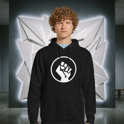 Raised socialist fist graphic on a pullover hoodie for protest and activist wear.