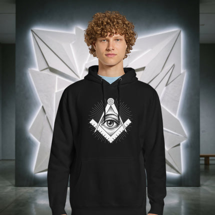 Esoteric symbol hoodie featuring the All-Seeing Eye, Square, and Compass motif design.