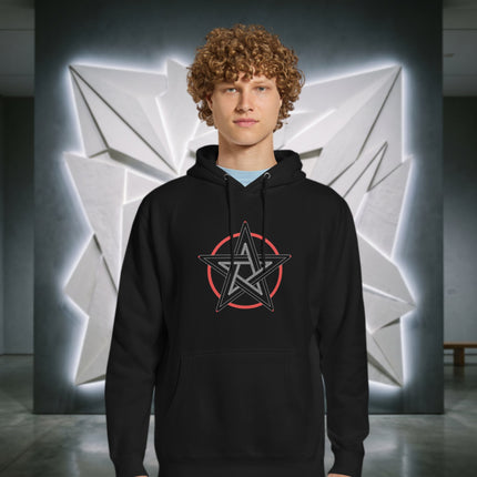 Unisex black hoodie featuring a striking gothic pentagram and occult pentacle design.