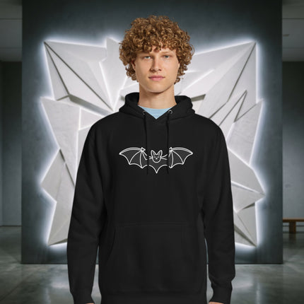 Gothic pullover hoodie featuring a flying bat graphic print on the chest.