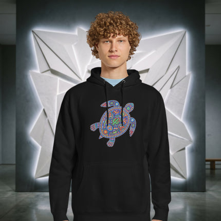 Vibrant Huichol turtle folk art graphic on a cozy pullover hoodie featuring Mexican designs.