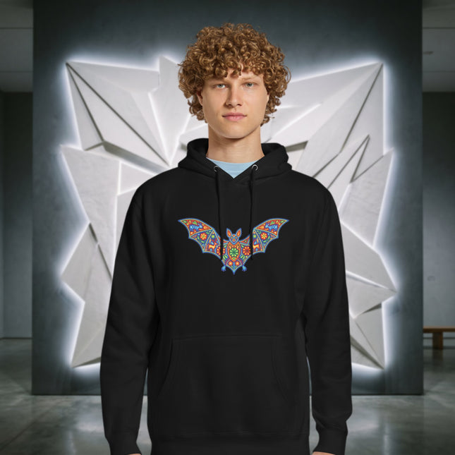 Huichol Bat Hoodie | Colorful Mexican Indigenous Folk Art Pullover Hoodie
