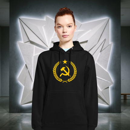 Gold hoodie featuring hammer, sickle, and laurel wreath communist symbols.