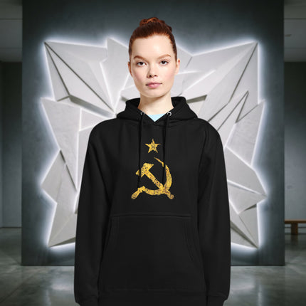 Yellow distressed pullover hoodie featuring the communist hammer and sickle symbol.