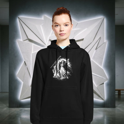 The Morrigan Celtic Goddess hoodie pullover with dark mythology witchy graphic print.