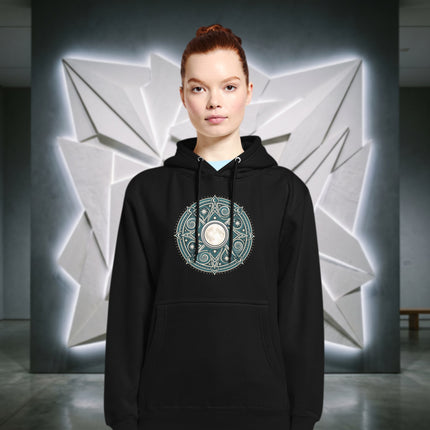 Arianrhods Wheel and moon mandala design on a Celtic mythology pullover hoodie.