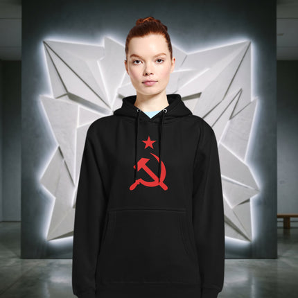 Red star and hammer and sickle communist graphic on a pullover fleece hoodie.