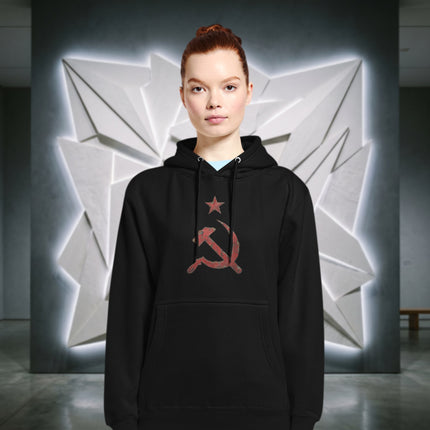 Distressed red USSR symbol hoodie featuring the communist hammer and sickle emblem design.