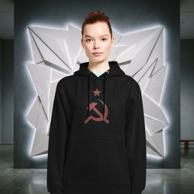Distressed Red Hammer & Sickle Hoodie | Communist USSR Symbol Pullover Hoodie