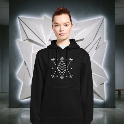Black Ayizan Veve hoodie featuring a celestial voodoo graphic design print on black pullover fabric.