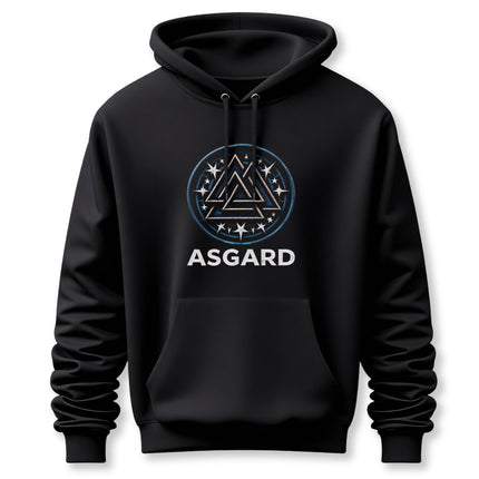 Asgard Norse mythology hoodie with a circular three-triangle symbol.