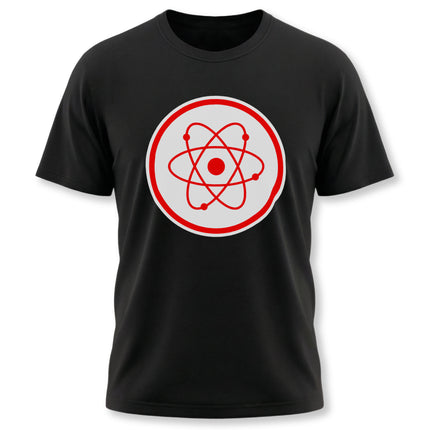 Red atomic symbol graphic on a black science physics t-shirt.