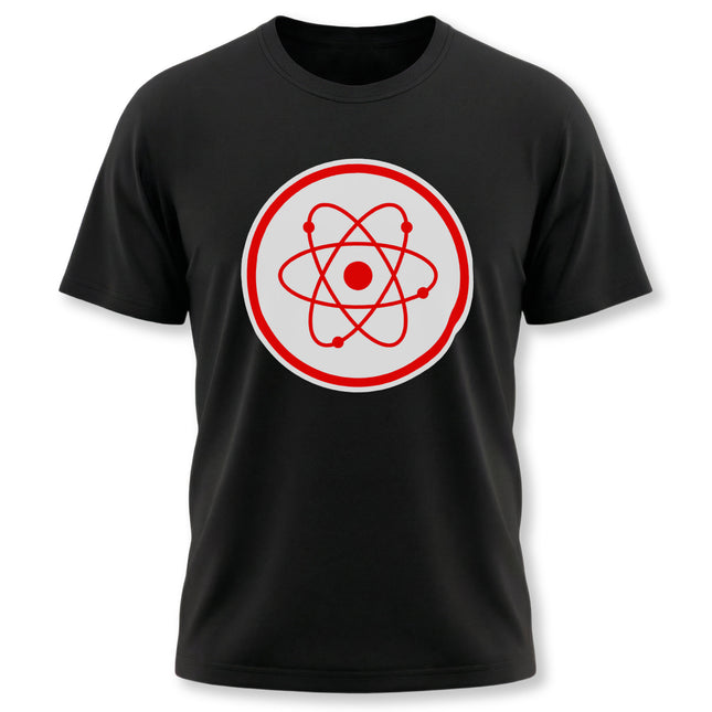 Red atomic symbol graphic on a black science physics t-shirt.