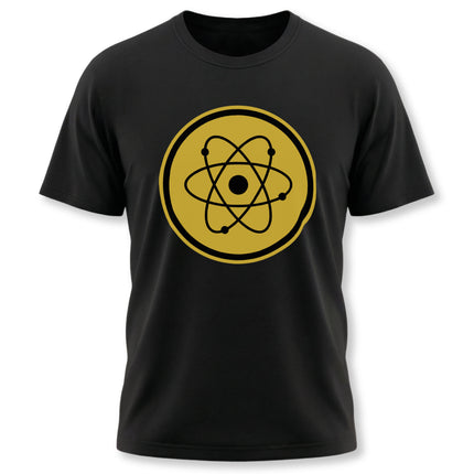 Black t-shirt with yellow atomic symbol graphic. Ideal for science, physics, and chemistry enthusiasts.