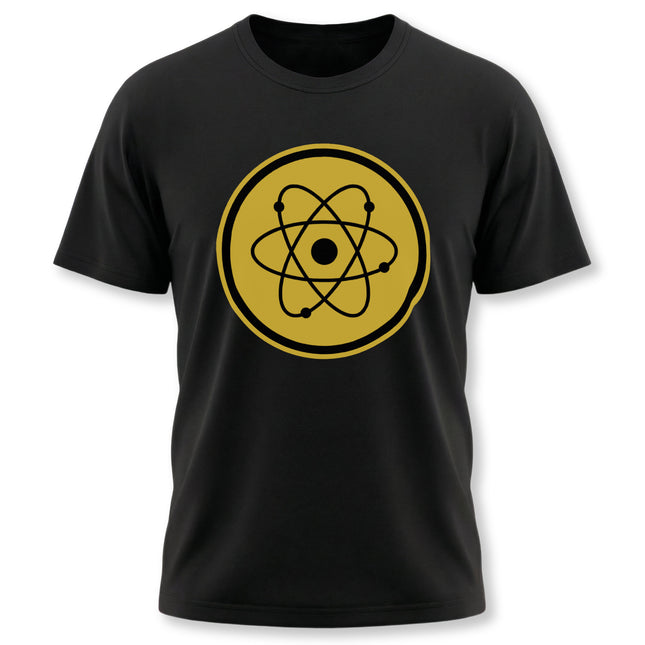 Black t-shirt with yellow atomic symbol graphic. Ideal for science, physics, and chemistry enthusiasts.
