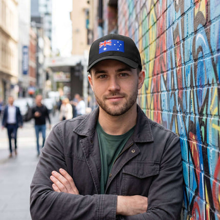 Australian flag baseball cap featuring blue stars. Aussie Pride streetwear hat for patriotic casual wear.