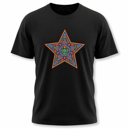 Colorful Huichol star graphic on a black tee, featuring Mexican indigenous geometric art print.