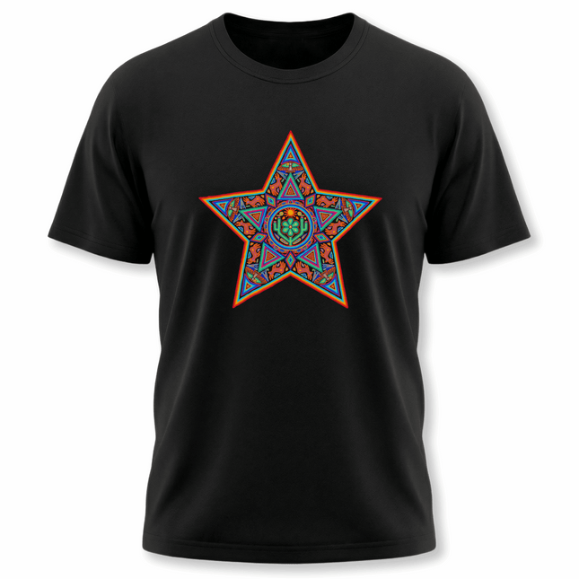 Colorful Huichol star graphic on a black tee, featuring Mexican indigenous geometric art print.