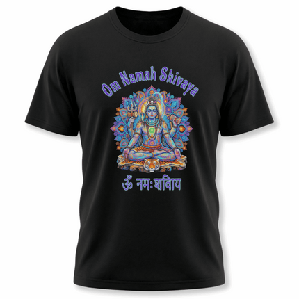Shiva mandala t-shirt with Om Namah Shivaya mantra and colorful Lord Shiva art.