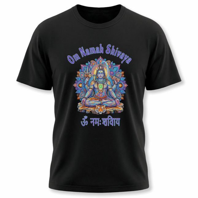 Shiva mandala t-shirt with Om Namah Shivaya mantra and colorful Lord Shiva art.