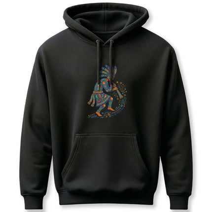 Vibrant Kokopelli flute player art on a black hoodie, featuring Southwestern Native American style.