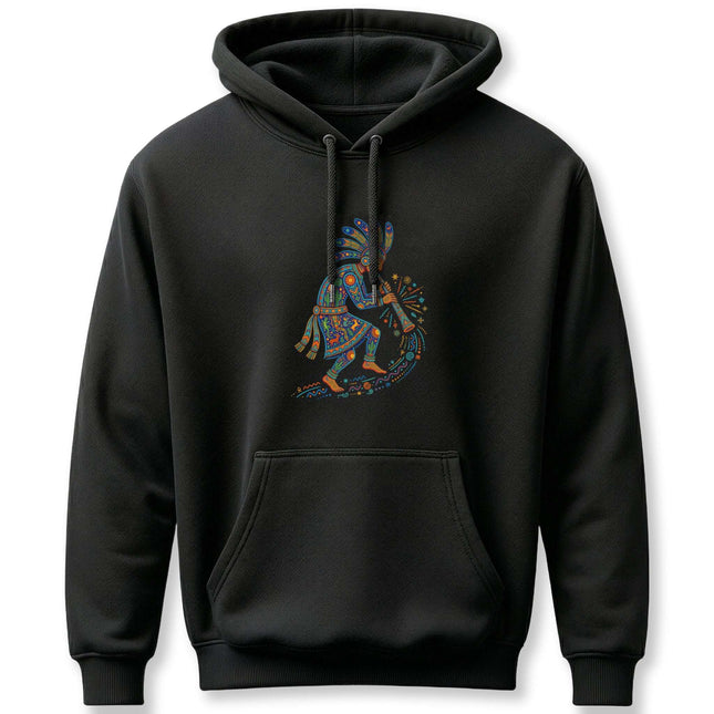 Vibrant Kokopelli flute player art on a black hoodie, featuring Southwestern Native American style.