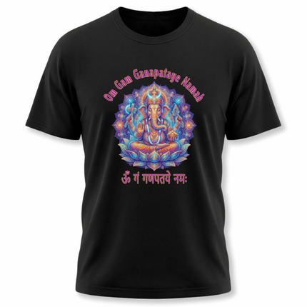 Lord Ganesha psychedelic art t-shirt with Om Gam Ganapataye Namah mantra.