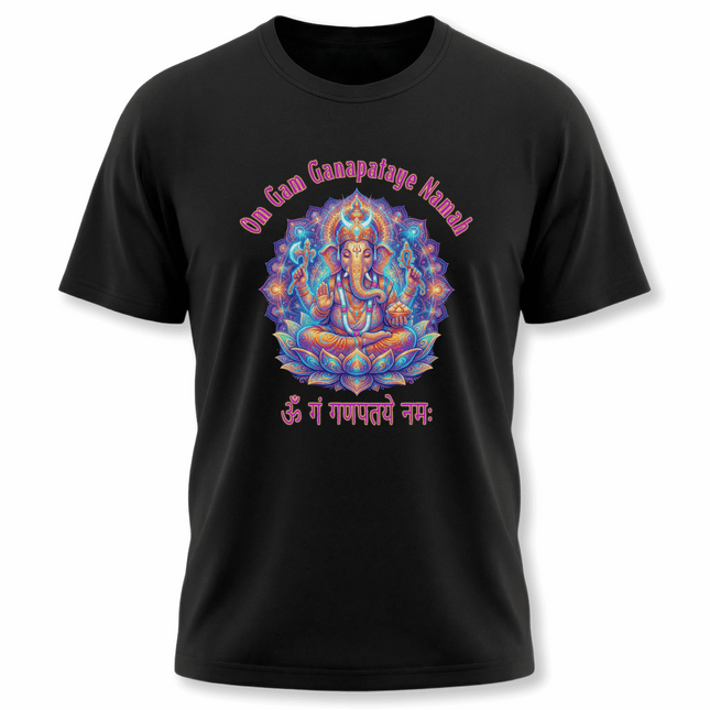 Lord Ganesha psychedelic art t-shirt with Om Gam Ganapataye Namah mantra.