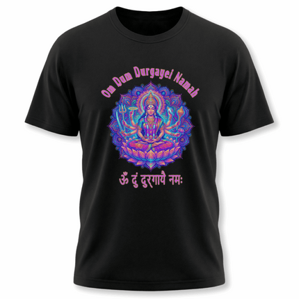 Durga Goddess mandala art t-shirt featuring the Om Dum Durgayei Namah mantra print.