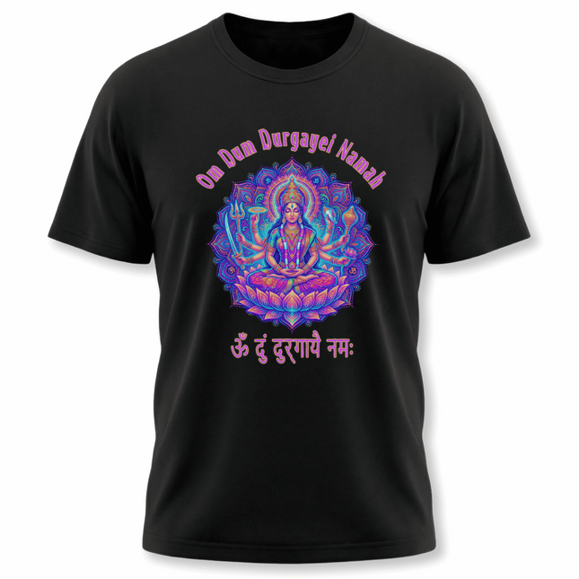 Durga Goddess mandala art t-shirt featuring the Om Dum Durgayei Namah mantra print.