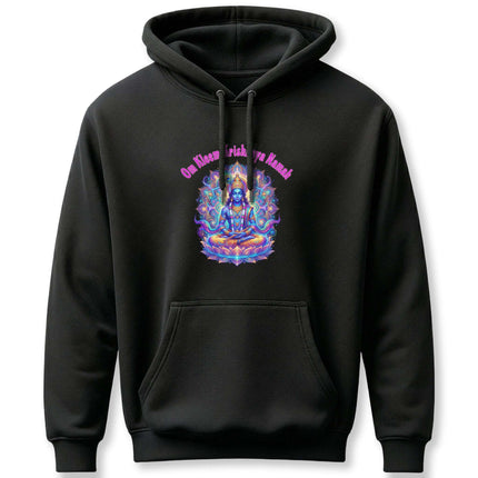 Spiritual Krishna mandala art on a black hoodie featuring the Om mantra.