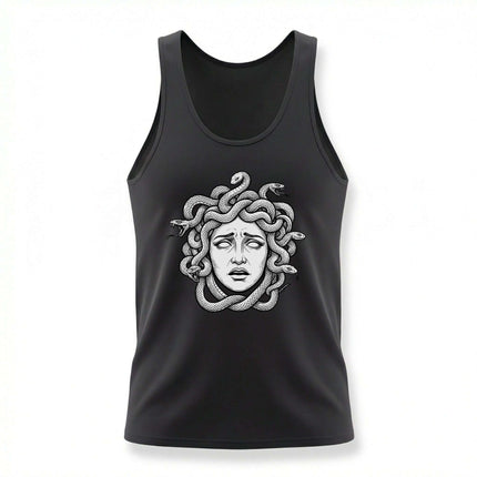 Medusa head graphic on black tank top, featuring detailed snake hair illustration.