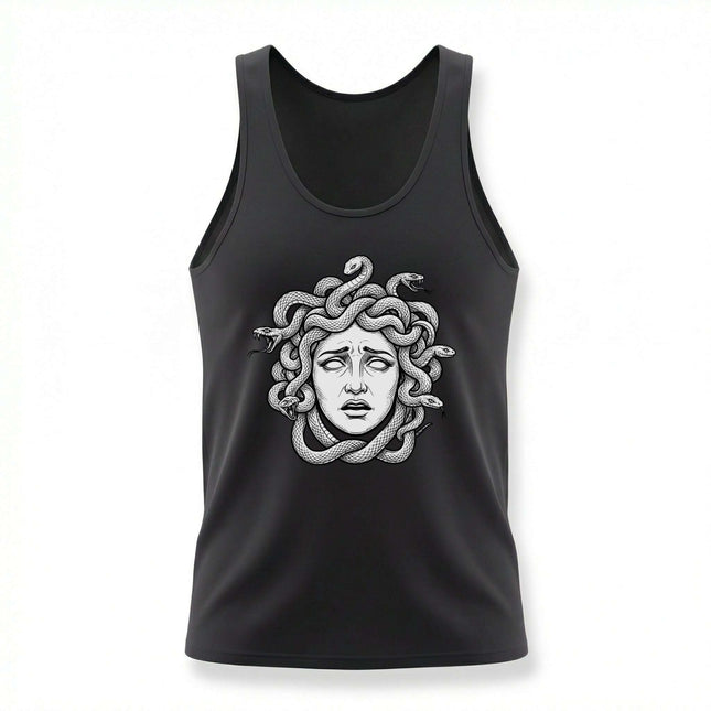Medusa head graphic on black tank top, featuring detailed snake hair illustration.