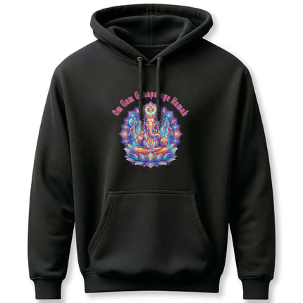 Ganesha Om Gam Ganapataye Namah spiritual art hoodie featuring Hindu devotional mandala design.