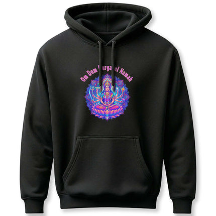 Black hoodie featuring Goddess Durga and the Om Dum Durgayei Namah mantra design.